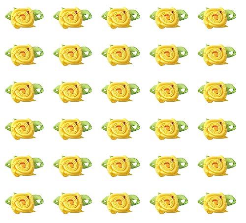 50 Pcs Satin Roses with Green Leaves for DIY Crafting Sewing - Yellow