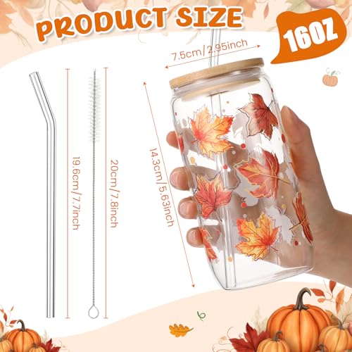 Thanksgiving Maples Glass Cups Set with Lids & Straws - 16oz Autumn Harvest Drinkware
