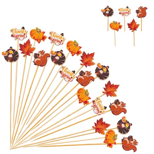 Fall Theme 125 pcs Cocktail Picks - Autumn Thanksgiving Decor, Squirrel Pumpkin Maple Leaf Skewers