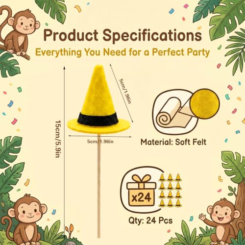 24 Yellow Felt Top Hat Cupcake Toppers - Party & Celebration Decorations