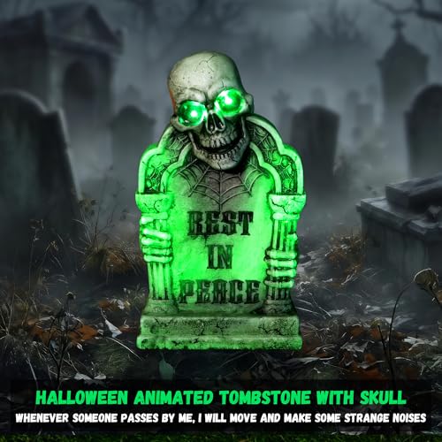 Halloween Animatronic Tombstone with Skull & Green LED Lights, Sound & Motion Activated - Green Variation