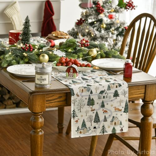 Snowfield Trees Hut Christmas Table Runner 13 x 120 Inch Beige Holiday Decor