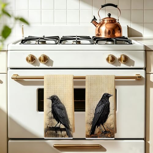 2Pcs Vintage Raven Kitchen Towels - Multi 1393 - Reusable Microfiber Dish Towels 24x14 Inch