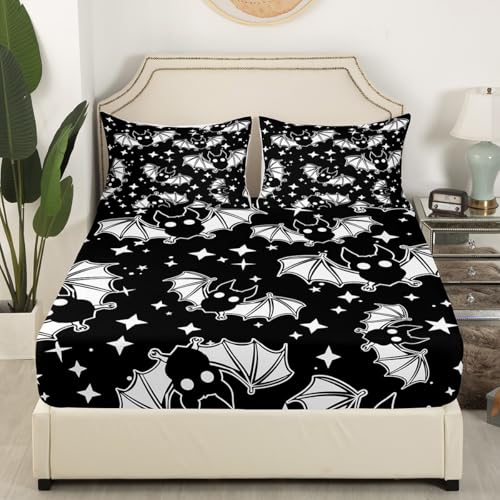 Halloween Bats Queen Size Glitter Starry Sky Bedding Set with Fitted Sheet - Kids Bedroom Decor - Multi 44