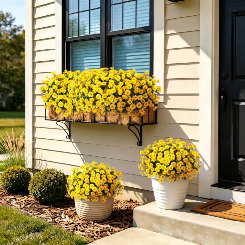 Artificial Fall Flowers Set - 12 Bundles UV-Resistant Fake Mums for Outdoor Decoration - 24 Yellow