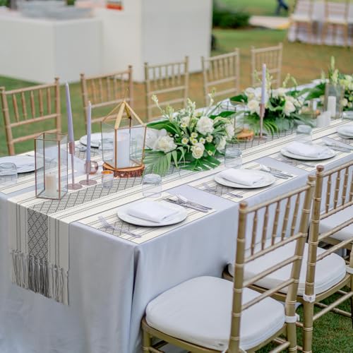 ADRIMER Boho Table Runner & Placemats Set of 6 - Grey & White, Rectangular, 72 Inch