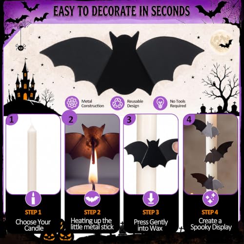 Halloween Bat Candle Pins for Taper Candles - Metal Decor, 12 Pack