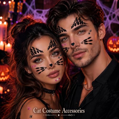 Cat Face Gems Stickers for Halloween Makeup and Costumes - 2 Sheets