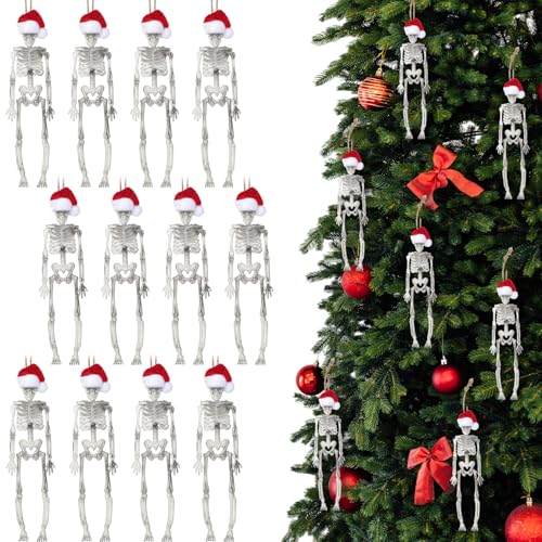 Christmas Skeleton Ornaments with Santa Hat - 12 Pack, 7.3 Inch Mini Decor