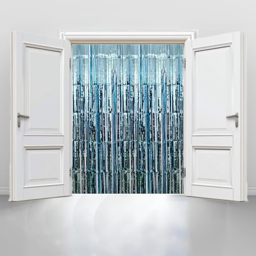 Sky Blue Foil Fringe Curtains 10 Pack 3.6x7.3 Ft Party Backdrop for Celebrations