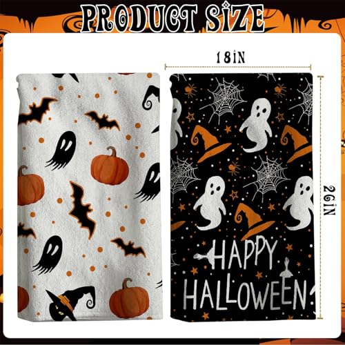 Halloween Kitchen Towels 2 Pack Ghost Pumpkin Hand Dish Drying Cloths - 18x26 Inches - Festive Decor & Absorbent Microfiber