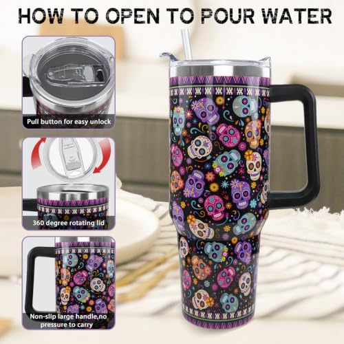 Halloween Day of the Dead Tumbler with Handle 40oz Sugar Skull Travel Mug - Multi Skull Variation