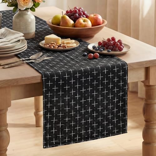 Black Cross-Star Textured Table Runner - 13x72 Inch Water-Resistant Kitchen Decor