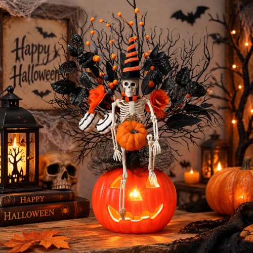 Lighted Halloween Skeleton Pumpkin Tabletop Decor - Spooky Centerpiece