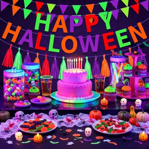 Glow in The Dark Halloween Banner Set - Neon Party Decorations for Walls & Tables