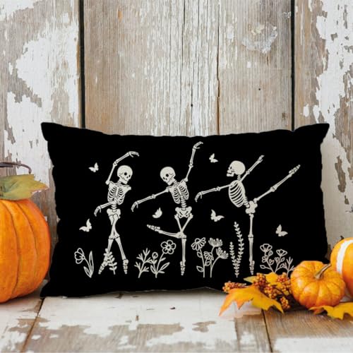 PANDICORN Halloween Dancing Skeleton Throw Pillow Cover 12x20 - Black & White