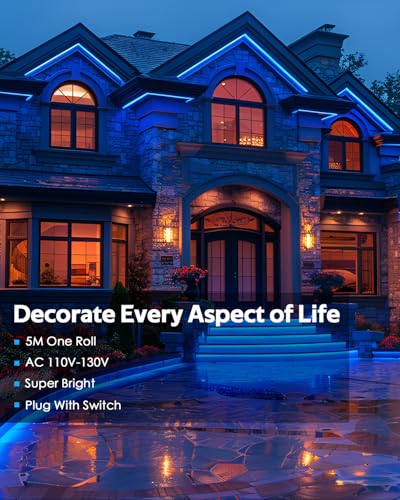 Blue COB LED Strip Lights 5M Waterproof Outdoor Rope Lights with Switch