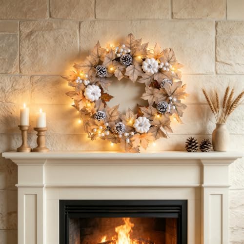 22 Inch Fall Wreath with Lights & Adjustable Hanger - Autumn Decor