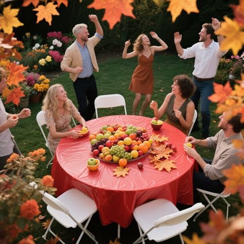 Fall Plastic Tablecloth Set - 12 Pack Autumn Colors Waterproof Round Table Cover for Thanksgiving & Parties - Yellow Orange Red