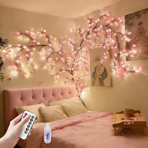 48 LED Pink Cherry Blossom Wall Lights for Bedroom Decor - Dimmable with Remote & Timer