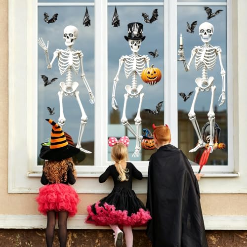 Halloween Window Clings - Large Retro Skull Pumpkin Bat Stickers - Split Skull Variation, Reusable Decals for Home & Party Decor