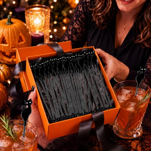 Halloween Black Cat Drink Stirrers - 100 Pcs Plastic Cocktail Swizzle Sticks