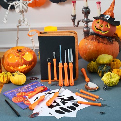 Halloween Pumpkin Carving Kit with Stencils & LED Lights - Classic Set with Accessories