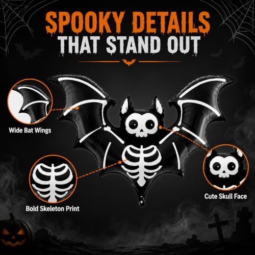 59 Inch Skeleton Bat Foil Balloon - Large Black Halloween Mylar Decor