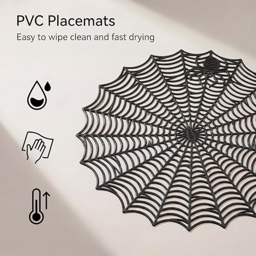 Halloween Spider Web Placemats Set of 4 - Black Round Washable Table Decor