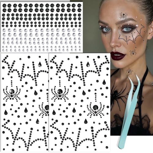Halloween Face Gems Spider Web & Spider Face Stickers - Black & Clear - NOOEPC