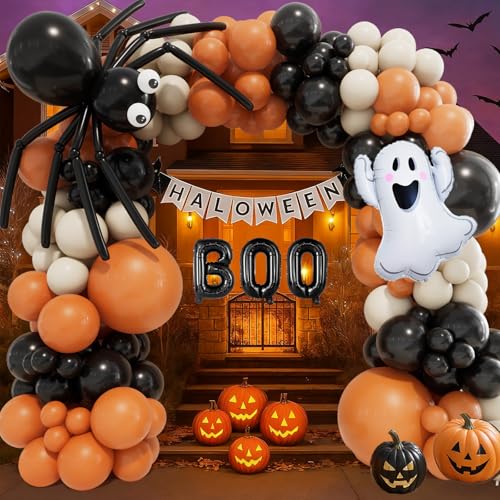 Halloween Balloon Garland Arch Kit with Ghost, BOO, Spider Web & Eyeball Balloons - Black Orange White Sand Variation