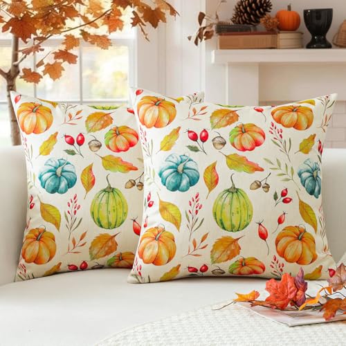 Pumpkin & Maple Leaf Fall Throw Pillow Covers Set of 2 - 18x18 Inches