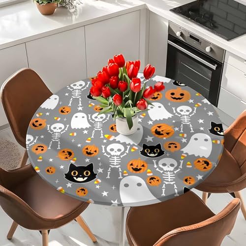 Halloween Fitted Round Tablecloth - Waterproof Skeleton Ghost Design, Fits 45-54 Inches, Grey