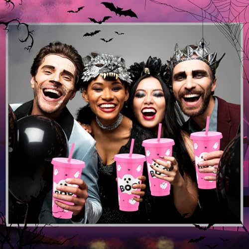 Pink Halloween Ghost Plastic Cups with Lids & Straws - 24 oz, Set of 12
