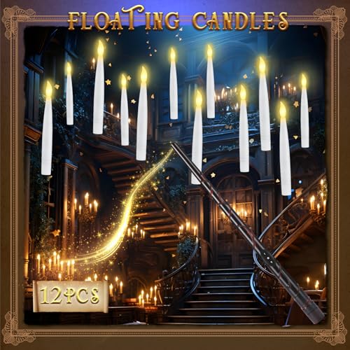 Floating LED Candles with Wand & Clips - Flameless Magic Hanging Decor, 12 Pack