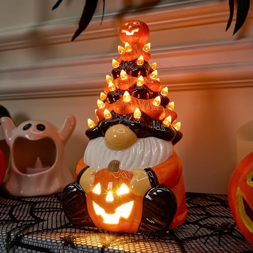 Halloween Pumpkin Gnome Ceramic Tree with Built-in LEDs - 8.5 Inch Tabletop Decor