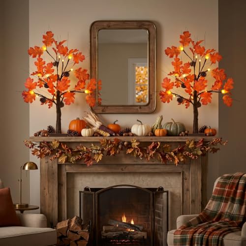 Fall Tree Decorations - 2 Pcs 24-Inch Lighted Acorn Leaves with Warm White LEDs - Autumn & Thanksgiving Decor - Variation of THIS listing: Fall Tree-2