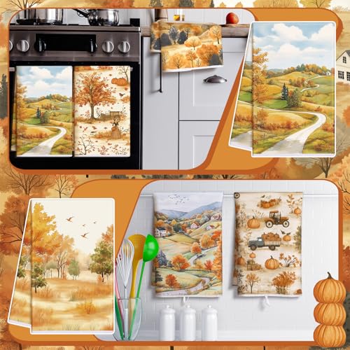 Fall Kitchen Towels Set - Pumpkins Maple Leaves Truck - Yellow / Tree - 6 Pack