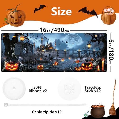 Grey Halloween Garage Door Cover 6x16Ft Haunted House Pumpkin Design - Indoor Outdoor Decor