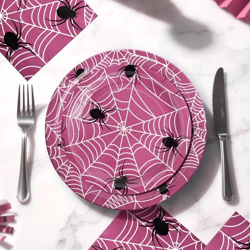 Pink Halloween Party Decorations Set - Spiderweb Plates & Napkins, 75 Pcs - Variation of Pink