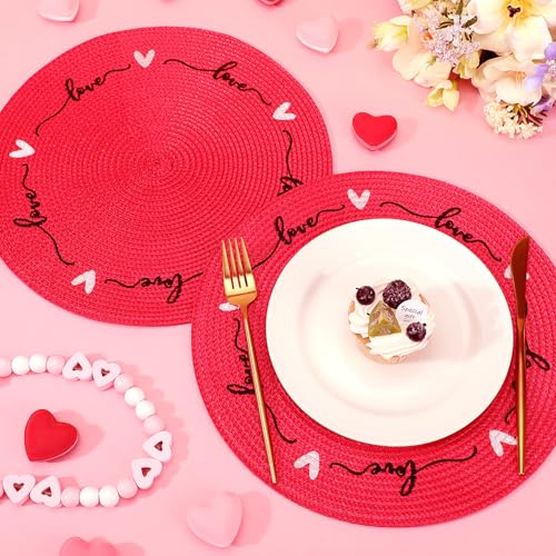 Valentine Heart Placemats Set of 6 - Red Love Design, Waterproof Table Mats, 13.4 Inch
