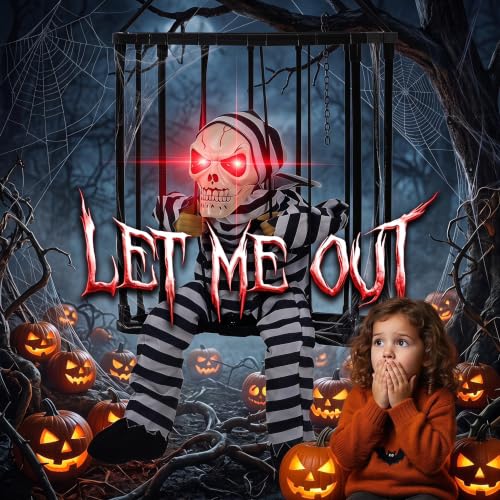 Scary Skeleton Cage Halloween Decor with Motion Sensor and Glowing Red Eyes