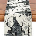 Artscope Haunted House Tree Ghost Halloween Table Runner - Black White 13x36 Inches
