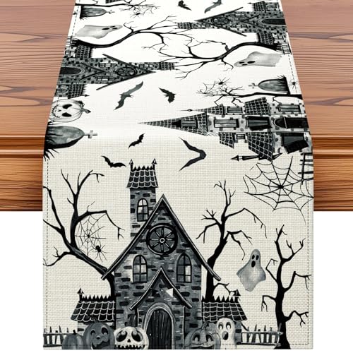 Artscope Haunted House Ghost Halloween Table Runner - Black White 13x72 Inches