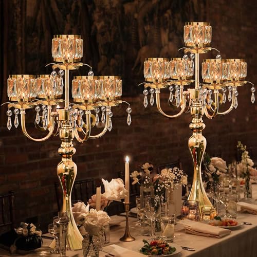 Gold Square Crystal Candle Holder 5 Arm Candelabra 22 Inch Wedding Centerpiece - Variation of Square-Crystal Bowl