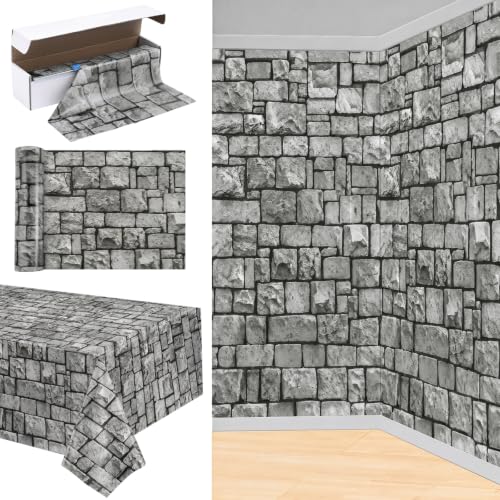 Stone Wall Plastic Tablecloth 100 Ft x 54 Inch - Medieval Castle Backdrop Variation of Stone Wall