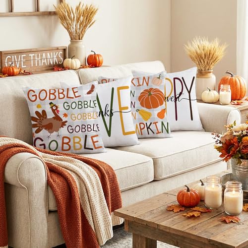 Thanksgiving Pumpkin Pillow Covers 18x18 Inches Set of 4 - Fall Harvest Decor