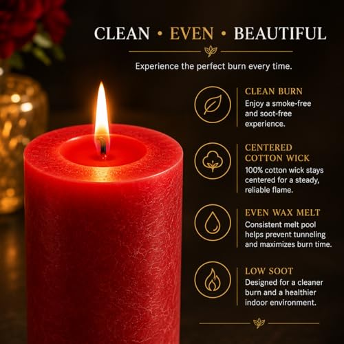 Red Pillar Candles Set of 3 - Unscented Dripless 3x6 Inch for Decor