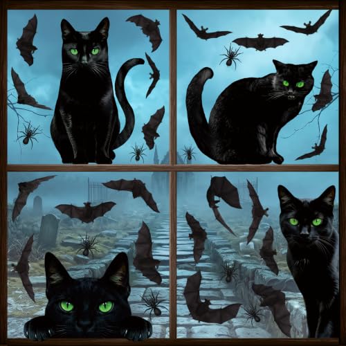 Halloween Window Clings - Large Black Cat, Bat & Spider Silhouette Decals