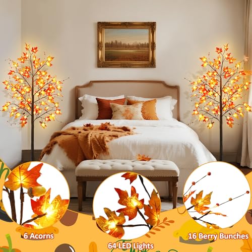 5FT LED Lighted Maple Tree - 2 Pack Fall Harvest Decor for Thanksgiving Halloween